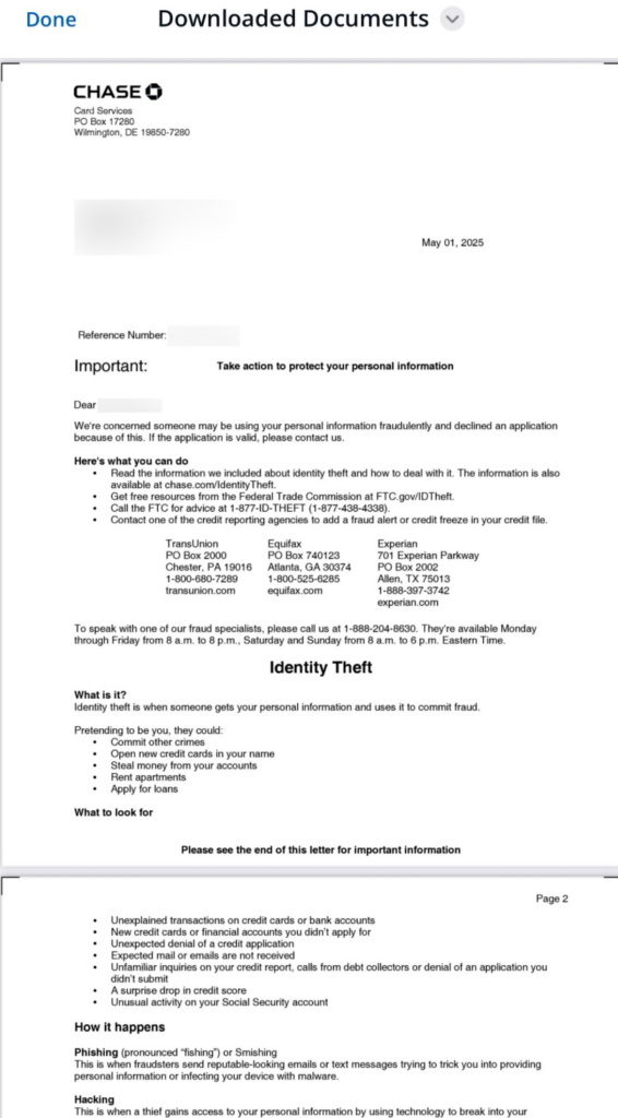 CHASE大学之ITIN申请信用卡②Identity Theft Recon处理经验